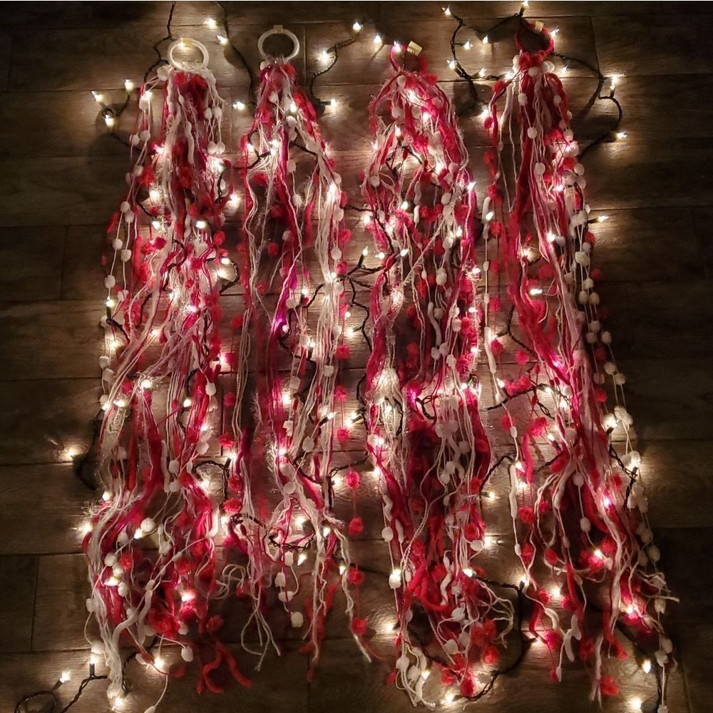 Hand Crafted Boho Wall Hanging Decor or Scarves Red White and Silver set of 4